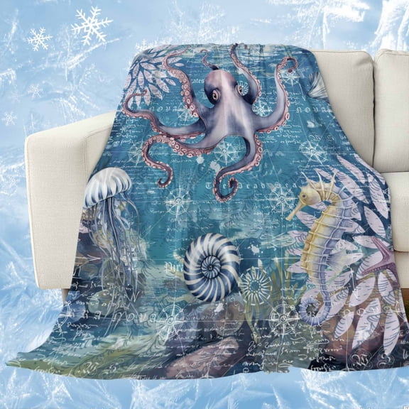 Purple Octopus Coastal Cooling Blanket,Lightweight Summer Throw Blanket with Double Sided Cold Effect,Summer Beach Seahorse Jellyfish Coral Picnic Blankets Bed Sheet for Hot Sleepers 30"x40"