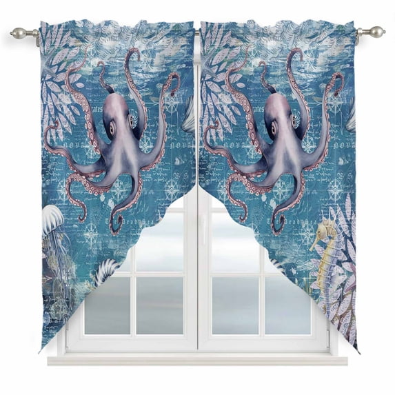 Purple Octopus Coastal Swag Valances for Windows, Kitchen Curtains 36 Inch Length 2 Panels Set, Summer Beach Seahorse Jellyfish Coral Short Curtains for Small Windows Rod Pocket Cafe Curtains 28"x36"