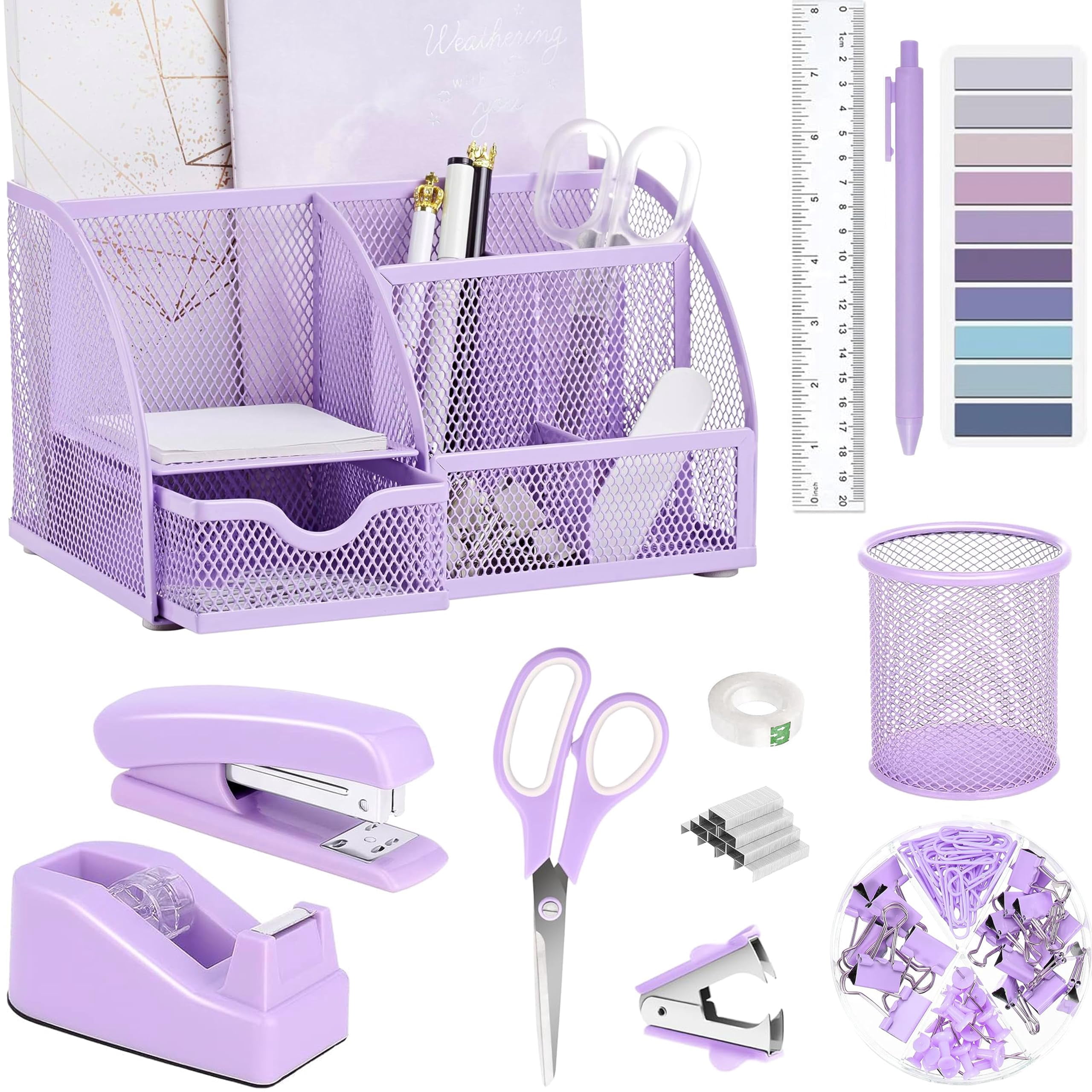 Purple Office Desk Accessories Supplies  12pcs Organizers And With Tape Dispenser Stapler Staples Staple Remover Pen Holder Scissor Ruler Sticky Tabs Ballpoint Clips Set