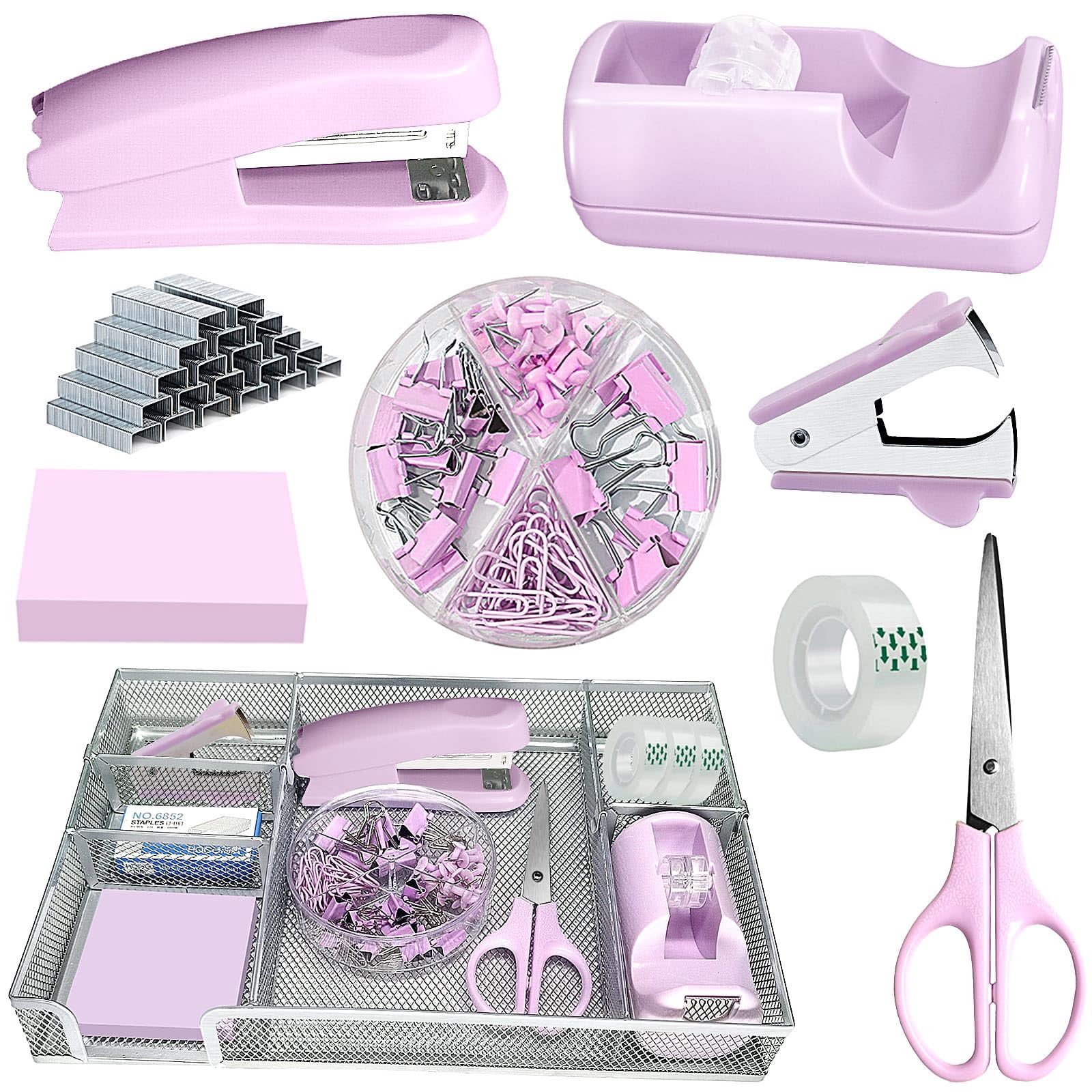 Purple Office Desk Accessories Supplies Set Stapler And Tape Dispenser Staple Remover  Staples Paper Clips Scissor Sticky Note Drawer Organizer