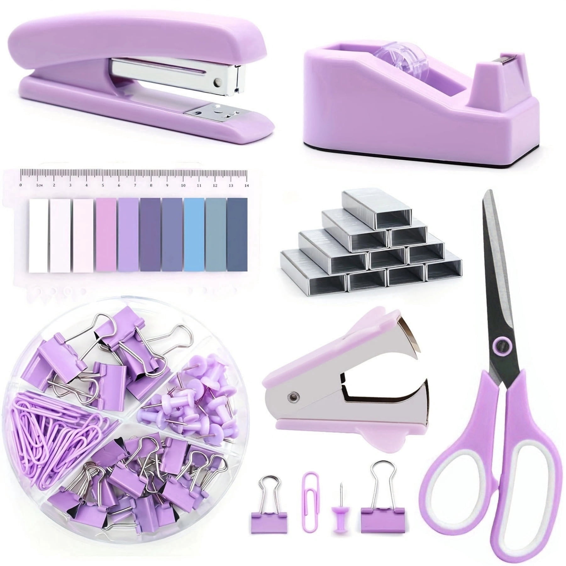 JIAYUEZHAO Desktop Storage Organizer with Stapler, Tape Dispenser, Staple Remover, Staples, Clips, Scissor, Tabs, Purple