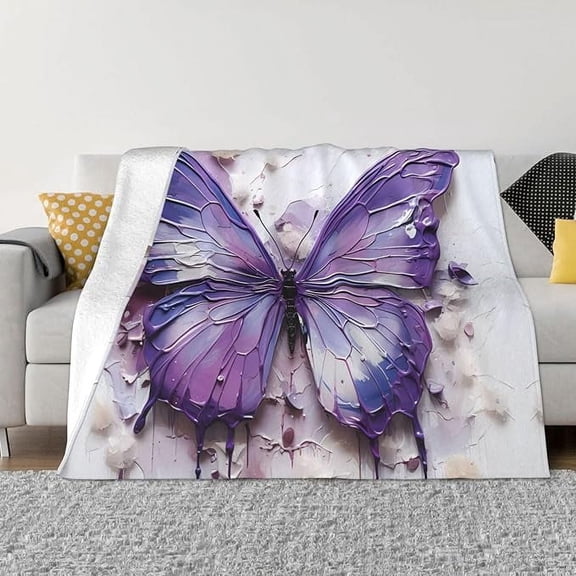 Purple Oil Painting Butterfly Plush Blanket For Sofa Or Bed, Made Of Flannel, Comfortable And Warm, Skin-Friendly And Breathable Blanket 50" x 60"