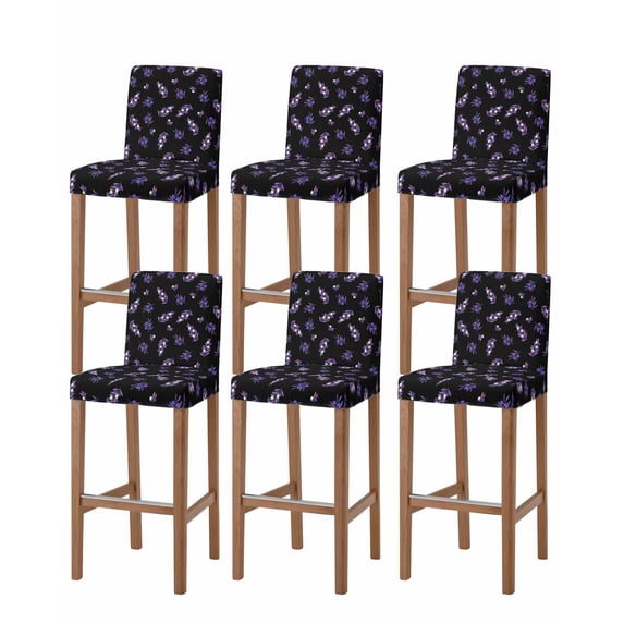 Purple Olive Fruits Bar Stool Covers Set of 6, Spring Farm Branches Leaves Plants Black Stretch Bar Chair Covers with Backs, Removable Pub Counter Height Chair Cover for Kitchen Dining Room Cafe