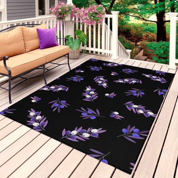 Purple Olive Fruits Outdoor Rug 4x6 Ft, Non Slip Washable Area Rug, Spring Farm Branches Leaves Plants Black Patio Rugs Carpet Runner, Large Floor Mat for Indoor/Outdoor Deck Porch Camping