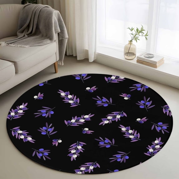 Purple Olive Fruits Round Area Rug 3Ft Washable Small Circle Rugs for Kitchen Entryway, Spring Farm Branches Leaves Plants Black Non-Slip Carpet Floor Mats Indoor Outdoor Carpet Runner Home Decor