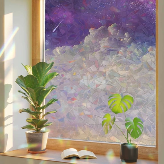 Purple Ombre Art Starry Stars Sky Window Privacy Film, Rainbow Film Decorative Window Sticker 17.7x39.3in, Colorful Night Clouds Sun Blocking Static Stained Glass Cling Tint Non-Adhesive