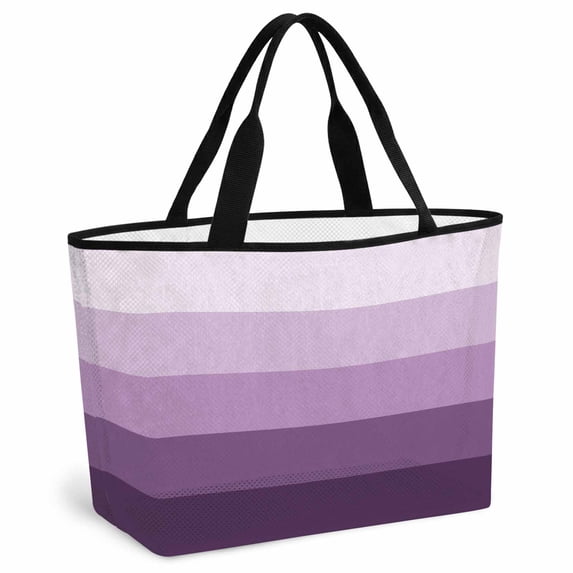 Purple Ombre Beach Bag for Women, Large Breathable Mesh Beach Tote Bag, Modern Abstract Art Farmhouse Striped Sandproof Lightweight Travel Bags for Vacation Picnic Swimming Pool 15.7"x15.7"x9.1"