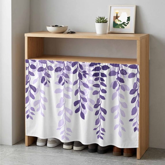 Purple Ombre Botanical Cabinet Curtain 35"Wx35"L,Dustproof Under Sink Skirt W/ Self Adhesive Tape,Watercolor Country Pastoral Leaf Cabinet Curtain Cover for Kitchen Sink,Bathroom Vanity,Laundry Room