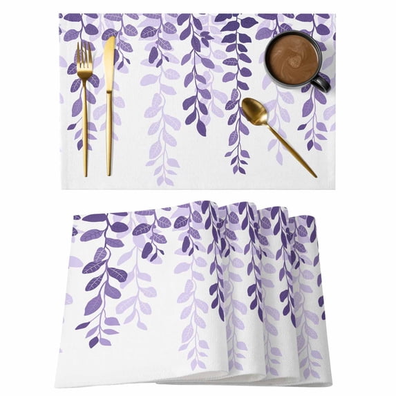 Purple Ombre Botanical Placemats Set of 4,Cotton Linen Fabric Place Mats,Watercolor Country Pastoral Leaf Washable Decorative Table Mats Protector for Home Kitchen Dining Wedding Party Coffee Tables