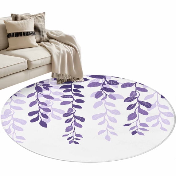 Purple Ombre Botanical Round Area Rug 4 FT, Non Slip Indoor Outdoor Rug, Watercolor Country Pastoral Leaf Washable Soft Circular Carpet Non-Shedding Floor Mat for Coffee Table Nursery Foyer Balcony