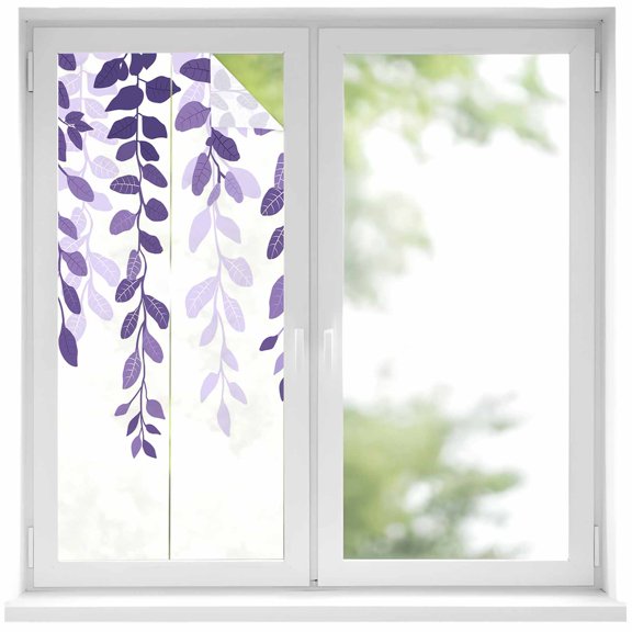 Purple Ombre Botanical Window Privacy Film, Watercolor Country Pastoral Leaf Static Cling UV Sun Blocking Heat Control Window Tint, Non-Adhesive One Way Windows Privacy Cover 17.7''x39.3''