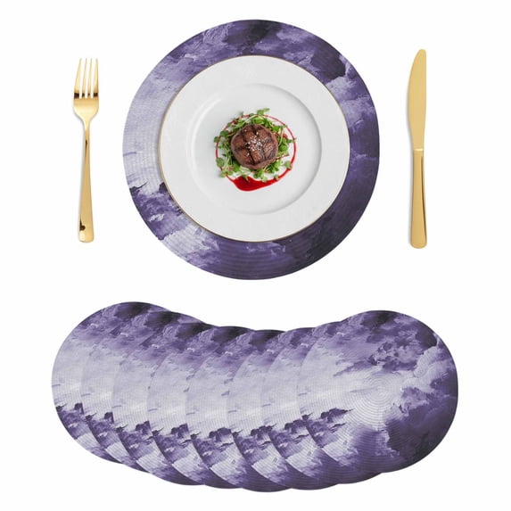 Purple Ombre Clouds Round 15 Inch Placemats Set of 8, Modern Abstract Art Gradient Cloud HeatResistant Non Slip Place Mats for Dining Table, Wipeable Braided Kitchen Table Mats for Housewarming