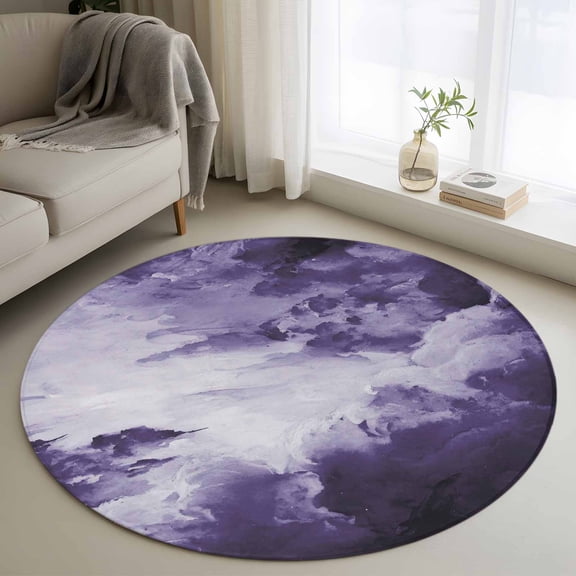 Purple Ombre Clouds Round Area Rug 3Ft Washable Small Circle Rugs for Kitchen Entryway, Modern Abstract Art Gradient Cloud Non-Slip Carpet Floor Mats Indoor Outdoor Carpet Runner Aesthetic Home Decor