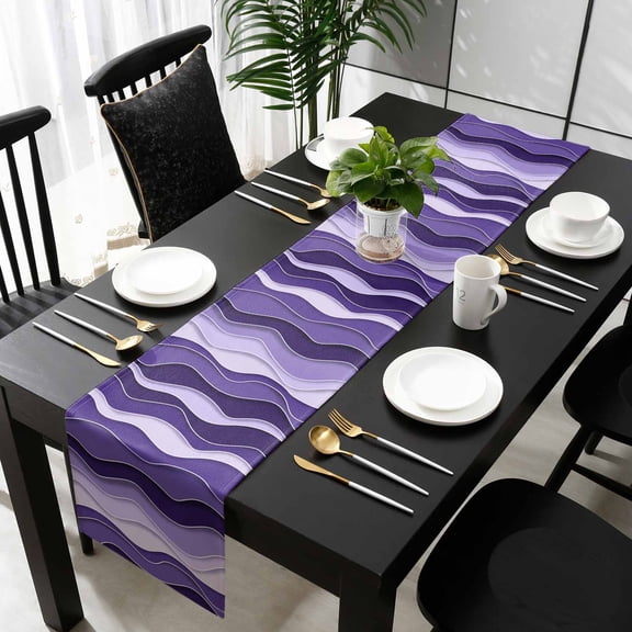 Purple Ombre Cotton Linen Small Table Runner 13 x 36 inch Abstract Art Moire Ocean Waves Non-slip Rectangular Dining Table Decor for Wedding Party Holiday Dinner