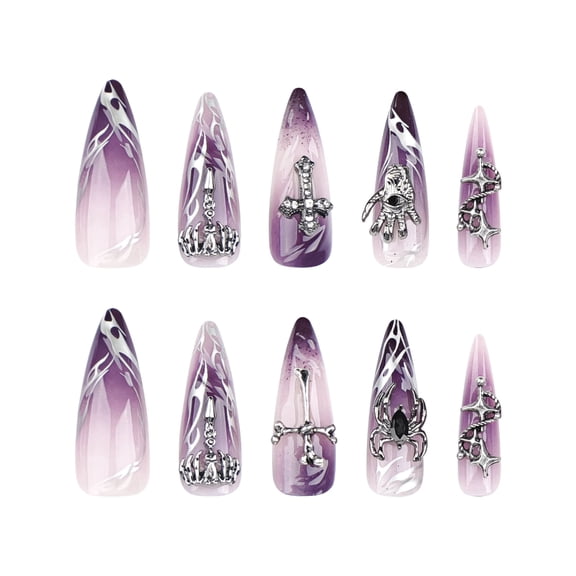 Purple Ombre Halloween Gothic Press on Nails Long Square Fake Nails with Glossy Finish Designs Purple Ombre Full Cover Adhesive Press Ons Luxury Look Acrylic False Nails Holiday Gift 10 Count