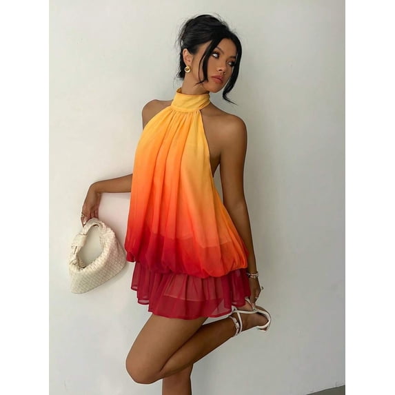 Purple Ombre Halter Neck Tiered Chiffon Backless Mini Dress For Women