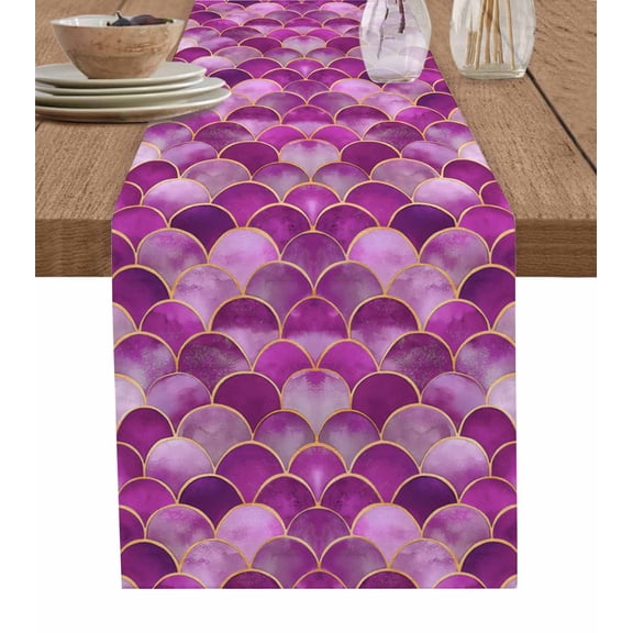 Purple Ombre Scale Burlap Cotton Table Runner 13x36 Inches Short, Abstract Art Ocean Coastal Farmhouse Table Runners, Outdoor Dining Tablecloths Decor for Baby Shower/Party/Wedding