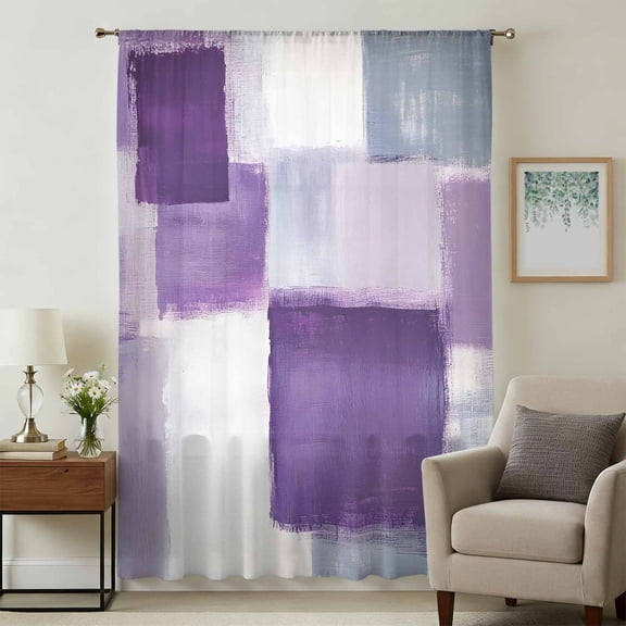 Purple Ombre Sheer Curtains 54 Inches Long, Neutral Modern Abstract Gradient Square Light Filering Curtains, Breathable Simi Curtain Privacy Drapes for Kitchen Bathroom Small Window Treatment