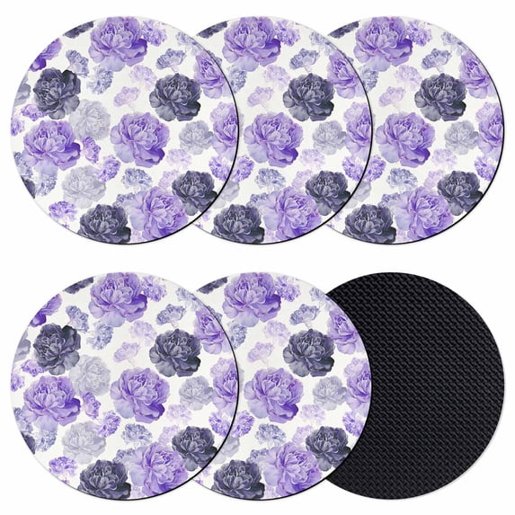 Purple Ombre Spring Floral Coasters Set of 6, Absorbent Coasters for Drinks, Summer Botanical Flowers Coaster for Desk Coffee Table Protection, Home Decor House Warming Gifts 4"