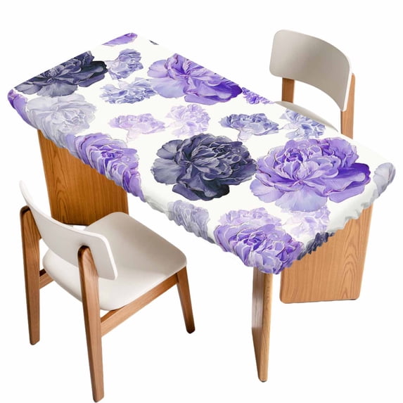Purple Ombre Spring Floral Table Cloths for 3 Foot Rectangle Tables, Summer Botanical Flowers Patio Waterproof Elastic Fitted Tablecloths, Washable Rectangular Table Cover for Camping