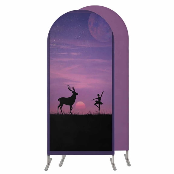 Purple Ombre Starry Sky Wedding Arch Cover,Stretchy Spandex Arch Backdrop Stand Covers 4 FT,Deer Ballerina Girl Black Silhouette Round Top Arched Backdrop Cover for Birthday Party Baby Shower