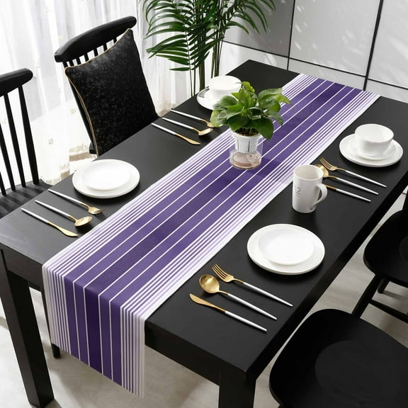 Purple Ombre Stripe Cotton Linen Table Extra Long Runner 13 x 120 inch Farmhouse Striped Gradient Non-slip Rectangular Dining Table Decor for Wedding Party Holiday Dinner