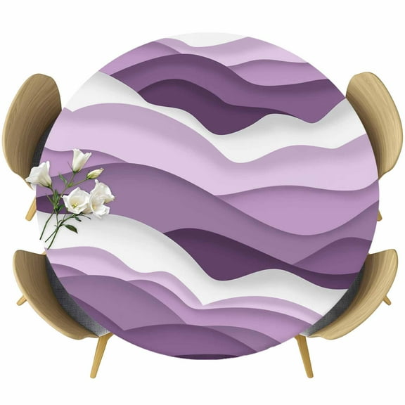 Purple Ombre Table Cloth, Round Fitted Tablecloths with Elastic Edge, Modern Geometric Moire Abstract Art Wipeable Waterproof Table Cover for Kitchen Wedding 55-60 Inches