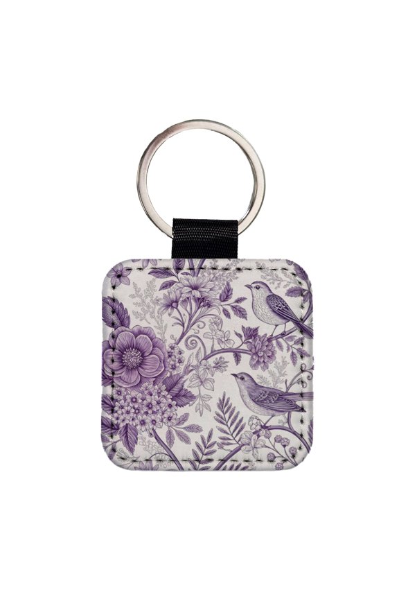 Purple On White Toile With Birds Faux Leather Square Keychain