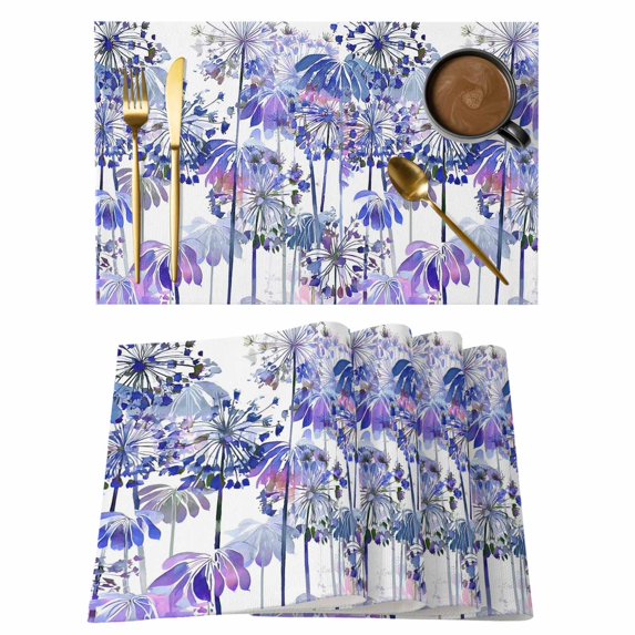 Purple Onion Flowers Placemats Set of 4, Spring Floral Dandelion Botanical Placemats for Dining Table, Place Mats for Kitchen Tabletop, Waterproof Wipeable Dining Table Mats Set