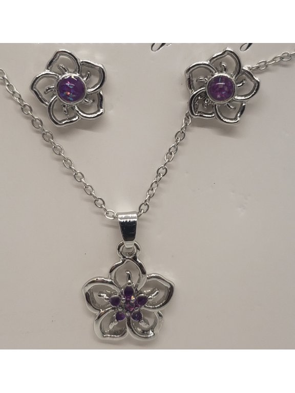 Purple Opal Flower Silver Earring/Necklace Set