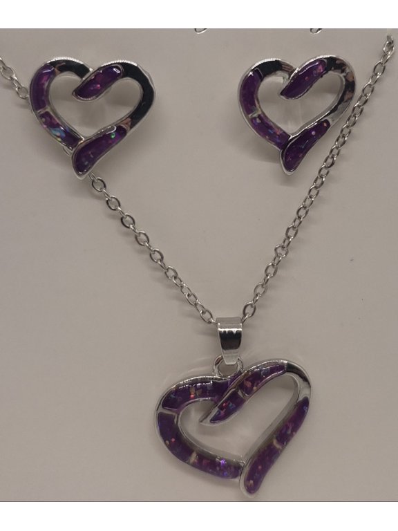 Purple Opal Heart Silver Earring/Necklace Set