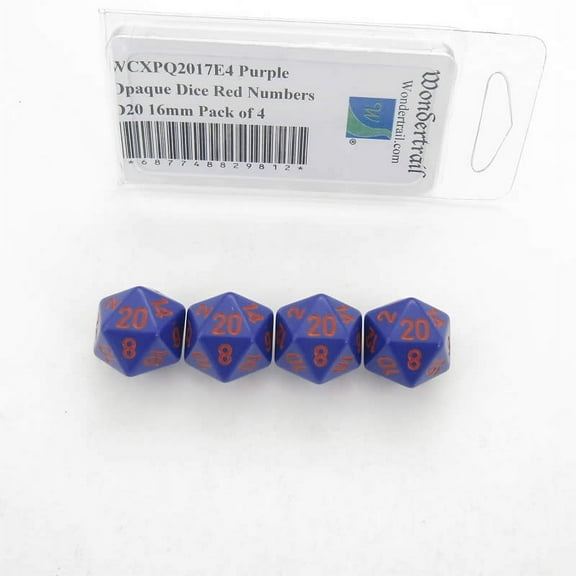 Purple Opaque Dice with Red Numbers D20 Aprox 16mm (5/8in) Pack of 4 Wondertrail