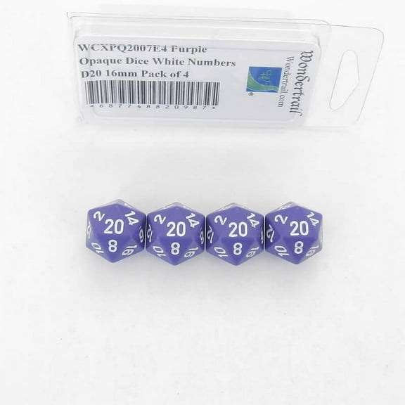 Purple Opaque Dice with White Numbers D20 Aprox 16mm (5/8in) Pack of 4 Wondertrail