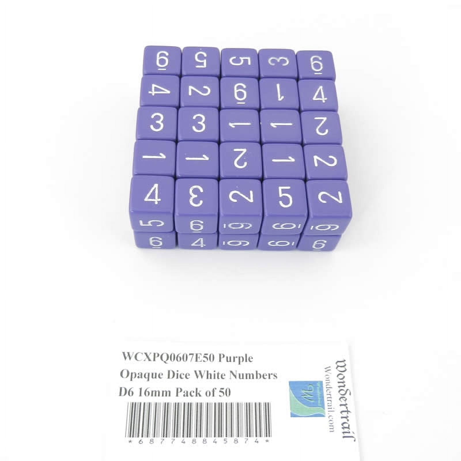 Purple Opaque Dice with White Numbers D6 Aprox 16mm (5/8in) Pack of 50 Wondertrail