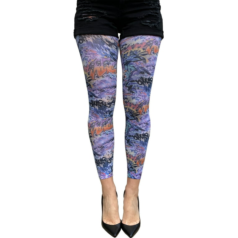 Purple Opaque Patterned Footless Tights Street Art for Women Malka