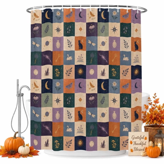 Purple Orange Blue Plaid Shower Curtain, Waterproof Shower Curtains for Bathroom, Moon Floral Cat Checked Washable Fabric Bathtub Curtain Set Bath Decor with 12 Hooks Stall 36"x72"