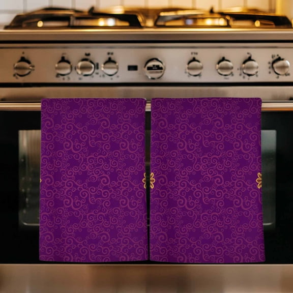 Purple Orange Floral Kitchen Towels Set of 2, Boho Vintage Oriental Abstract Motif Absorbent Dish Towels for Kitchen, Microfiber Hand Towel, Quick Drying Tea Towel for Cleaning Decorative Dishcloths
