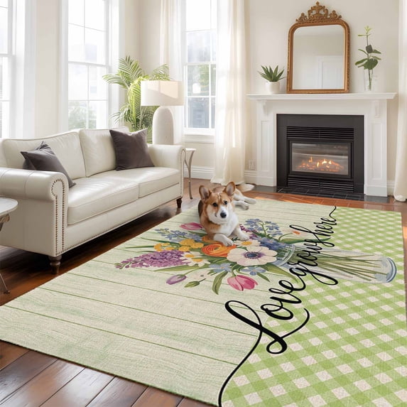 Purple Orange Flower Area Rugs 5x7 ft Tulips Love Grow Here Vintage Green Striped Washable Rug Non Slip Indoor Carpet Absorbent Floor Mat for Living Room Bedroom Dining Room