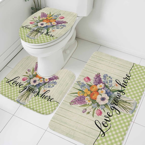 Purple Orange Flower Bathroom Rugs Set Tulips Love Grow Here Vintage Green Striped Non Slip Absorbent Soft Bath Mats 3 Piece Set with Bathroom Rug, U-Shaped Floor Mat, Toilet Seat Cover Large Size