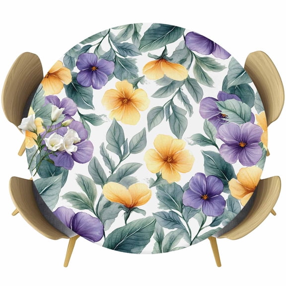 Purple Orange Flower Round Tablecloth 36-44 Inch Round Fitted Table Cloth with Elastic Edge, Spring Green Pastoral Nature Leaf Waterproof Table Cover Protector for Outdoor Picnic Party Dining