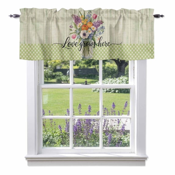 Purple Orange Flower Valance Curtain for Windows Tulips Love Grow Here Vintage Green Striped Rod Pocket Curtain Valances Short Window Treatments for Kitchen Bathroom Laundry Basement 60 x 18 Inch
