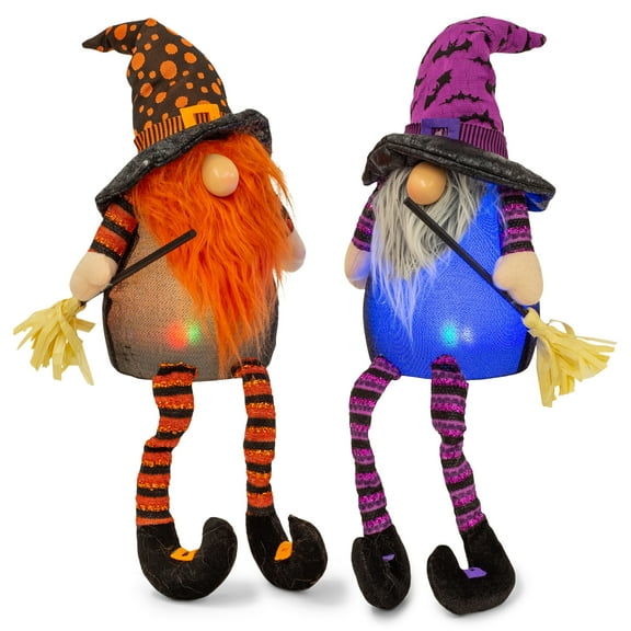 Purple Orange Gnome Witch LED 20 inch Acrylic Decorative Shelf Sitter Figurine Set 2
