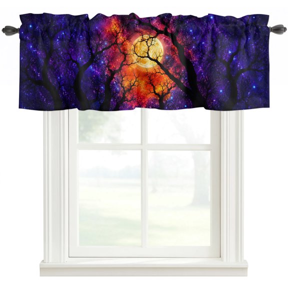 Purple Orange Halloween Kitchen Valances for Windows, Black Dead Trees Moon Bathroom Window Valances 42x12 Inch Rod Pocket Window Treatments Valance Curtains for Living Room Bedroom Decor
