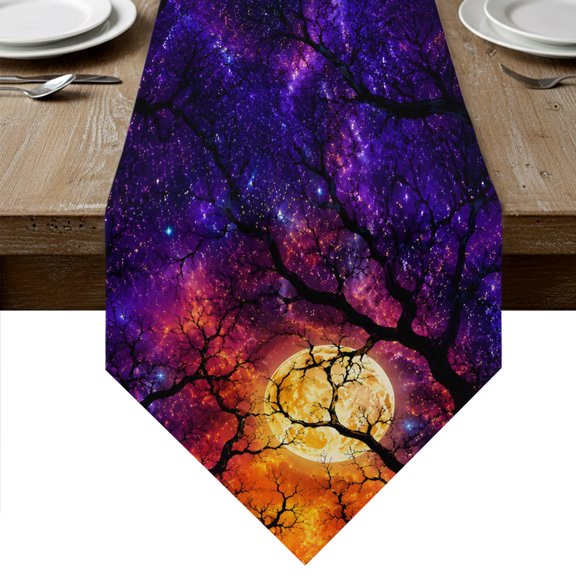 Purple Orange Halloween Table Runner Linen Burlap Table Runner 36 Inches Small Black Dead Trees Moon Dresser Scarves for Kitchen Island Coffee Dining Room Party Wedding Holiday Decoration 13"x36"