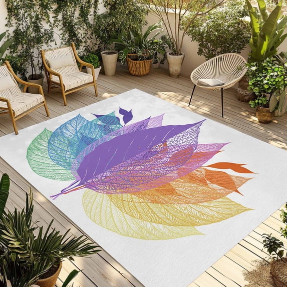 Purple Orange Leaves Outdoor Rug for Patio/Deck/Porch, Non-Slip Large Area Rug 5 x 7 Ft, Modern Summer Botanical Leaf Indoor Outdoor Rugs Washable Area Rugs, Reversible Camping Rug Carpet Runner