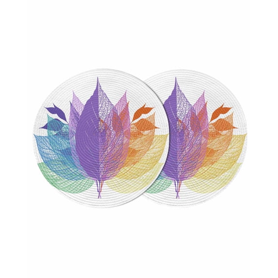 Purple Orange Leaves Round 13 Inch Placemats Set of 2, Modern Summer Botanical Leaf HeatResistant Non Slip Place Mats for Dining Table, Wipeable Braided Kitchen Table Mats for Housewarming
