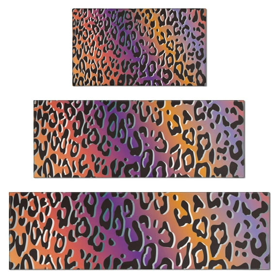 Purple and Orange Of Leopard Print Kitchen Rugs Sets Of 3,Kitchen Runner Rugs Non Skid Washable,Decorative Kitchen Floor Mats for Kitchen,Sink,Laundry,17"x30"+ 17"x47" + 17"x59"