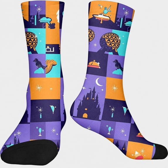 Purple Orange Theme Park Castle Globe Icons Print, Novelty Crew Socks ...