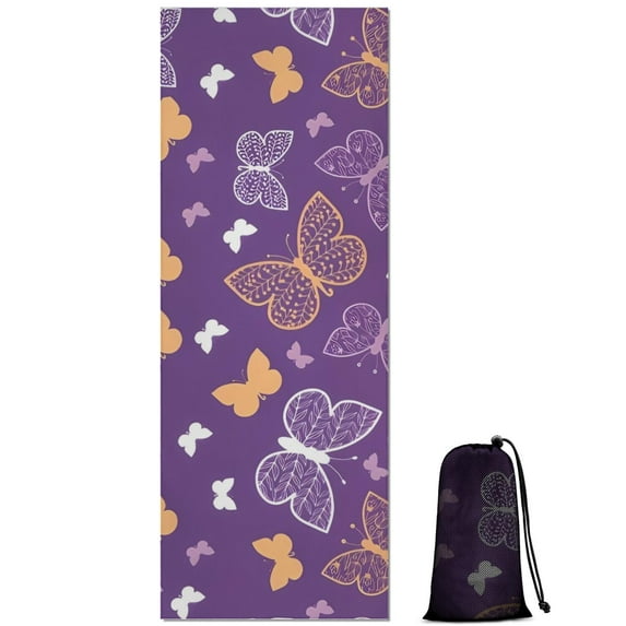 Purple Orange White Butterfly Pattern Hot Yoga Mat Towel Non Slip for Hot Yoga - Quick-Drying Yoga Mat Cover with 4 Corner Pockets with Travel Bag - Hot Yoga Towel Non Slip 70"x26"