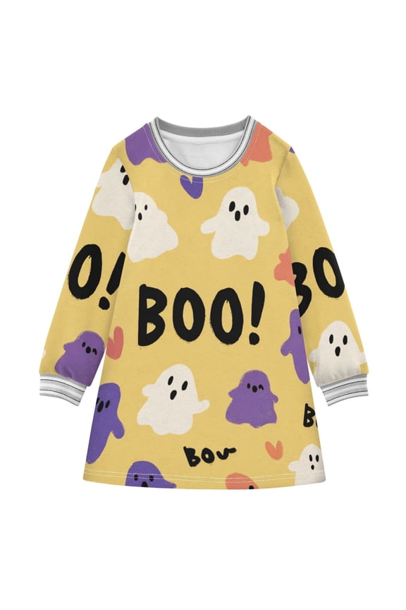 Purple Orange White Specters with Halloween Boo Long-sleeved Dress A-line One-Piece Dress for 2-8 Years Casual Party 2T